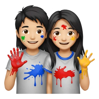 Happy Asian boy with long hair and girl messy painters sticker