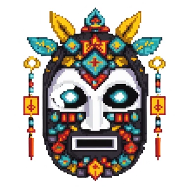 sackface character with elaborate ritual symbols stitched into mask sticker