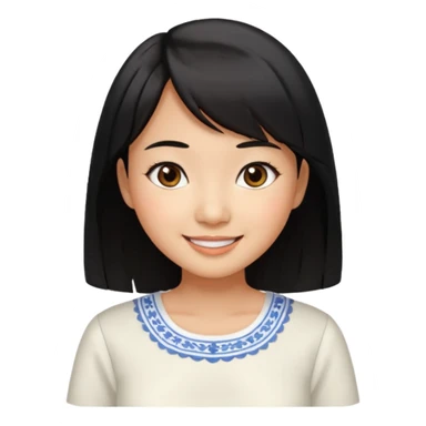 30 yr old asian woman center parted hair big eyes big smile tanned skin straight black hair hippie part hair white blouse shoulder length hair middle parted hair few short bangs at front sticker