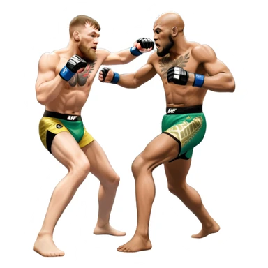 An MMA showdown between Conor McGregor and Anderson Silva in the octagon. McGregor is executing a jumping strike, while Silva skillfully deflects the attack. The background shows the UFC octagon with roaring fans and vibrant energy. Transparent background. sticker