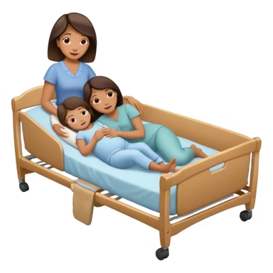 a mom laying down in a “C” position laying close to the she of the bed by her daughters bassinet while still trying to reach far back with her foot to touch her husband  sticker