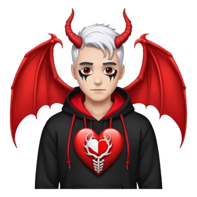 man with black and white hair, half black face, red horns, black hoodie, red wings, dragon skeleton, heart necklace sticker