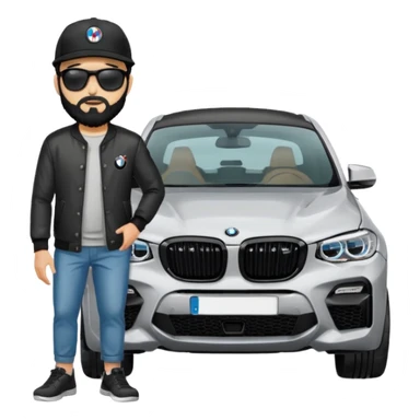 A man with black hair and beard standing next to his silver grey BMW X4 M competition with sunglasses and a black baseball cap on sticker