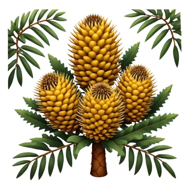 Cinematic Realistic Banksia Emoji, Bold and striking, with spiky, cylindrical flower heads covered in rich golden hues. The leaves are thick and leathery, adding a sense of strength to this unique and iconic tree. Soft glowing outline, capturing the essence of Australian ruggedness and floral beauty in a distinctive banksia tree! sticker