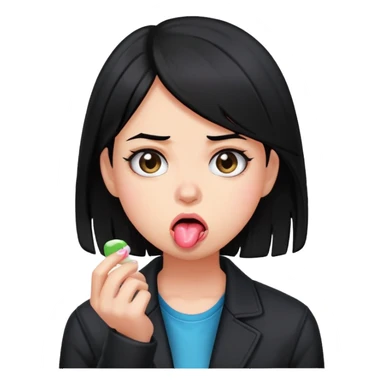 An annoyed girl with black hair and a black jacket is chewing gum while looking annoyed and bored sticker