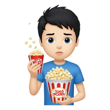 generate a pretty fair bratz boy with a blue tshirt on. eating popcorn. messy black hai sticker