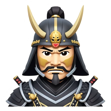 clash-of-clans-aesthetic_-cinematic-fearsome-and-majestic-samurai-bust-portrait-emoji, rendered in a flat, vector-style with minimal shading and bold, simplified shapes typical of emoji art, depicting a battle-hardened samurai with black mask and traditional black Japanese armor. The samurai is riding a noble grey warhorse adorned with an intricately designed saddle and fluttering banners and a rising sun. a samurai on a   horse sticker