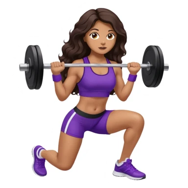 mujer de tez trigueña, con cabello castaño oscuro ondulado no muy marcado, con el cabello hasta las nalgas super largo estilizado, con ropa deportiva morada/lila, tenis blancos deportivos y levantando una pesa sticker