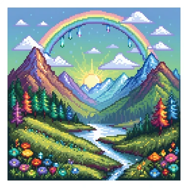 Enchanted meadow with rainbow and crystal mountains sticker