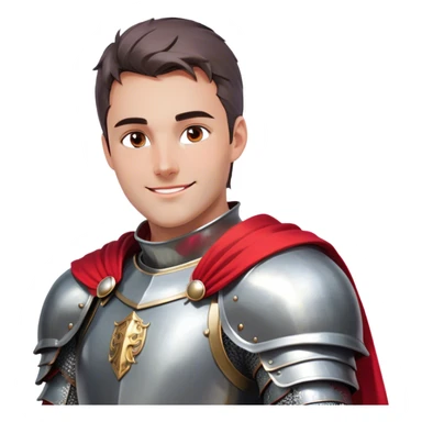 Create a side-view RPG character asset in a clean. The character is a brave knight with exaggerated, rounded features and minimal linework. They wear polished armor in silver tones, with a bright red cape flowing behind them. The face should have large, expressive eyes and a friendly smile that’s clearly visible even from the side view. Keep proportions simple and cartoony. The stance is slightly turned to emphasize the character’s side profile (facing right), with one hand on the hip and the other resting on a sheathed sword at the waist. The colors should be vibrant and easy to read, with smooth shading reminiscent of typical emoji designs. Include two variations: one idle pose and one simple walking pose, each capturing the playful, streamlined look of emoji-like characters. sticker