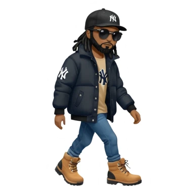 African American man with shoulder length black dreadlocks with black beard wearing black sunglasses wearing a black New York Yankees logo baseball cap wearing a black bubble winter coat wearing denim skinny jeans putting on timberland boots on his feet sticker