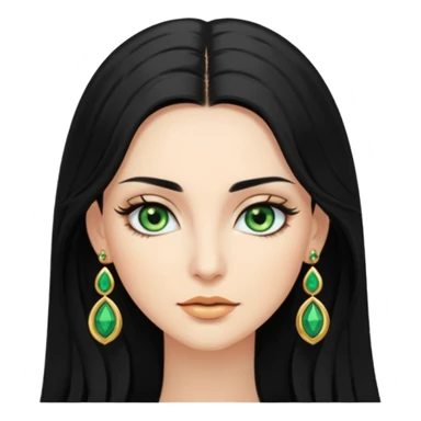 Attractive woman with long black hair and long eyelashes and green eyes and gold jewelry sticker