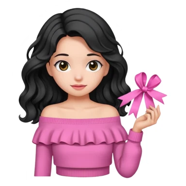 Girl with black wavy little long hair and a ribbon hair clip beside it make it look like wearing a pink off shoulder sweater  sticker