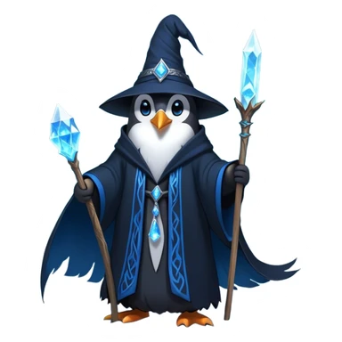 A mysterious penguin mage with sleek midnight-blue feathers, wearing a flowing black robe adorned with silver runes. A tall, pointed wizard hat sits slightly tilted on his head, the brim casting a shadow over his glowing icy-blue eyes. His flipper clutches an ancient wooden staff topped with a swirling crystal, radiating a soft, cold light. Snowflakes drift around him as he stands on a frozen cliff, his aura crackling with arcane energy, ready to summon a blizzard with a flick of his staff. sticker