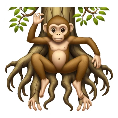 A creature with realistic human feet at the bottom, tree roots forming the legs, and a cartoon monkey face on top sticker