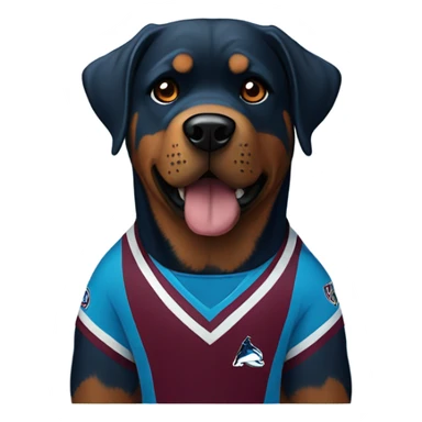 A Rottweiler wearing an Avalanche jersey  sticker