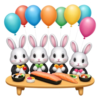 four bunnies together eating sushi at a birthday party, vibrant, balloons, sushi platters, birthday banner, party hats, festive, different poses, emoji style, all four bunnies clearly visible sticker