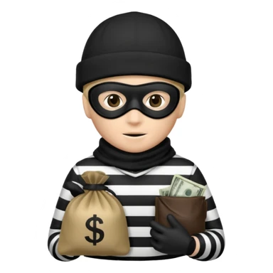 A emoji of a person wearing a black and white robber outfit and a black winter hat and a black mask and a Money Bag sticker
