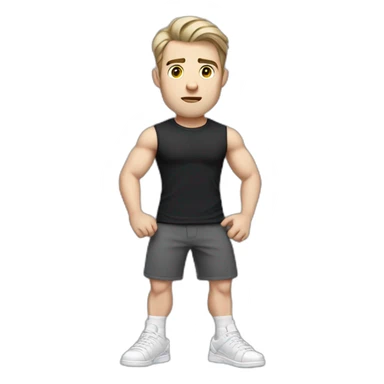 Confused Pale skinned Fit Man With the biceps and dark brown hair in black shirt, gray sports shorts and white Sneakers sticker
