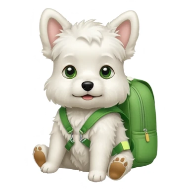 baby white dog wear green backpack sticker