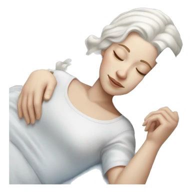 white female with white hair with a blue bow asleep on a blue-white bed sticker