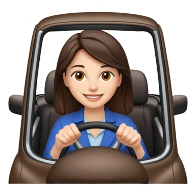 Brunette woman driving car like crazy. New car. Happy face confidence  sticker