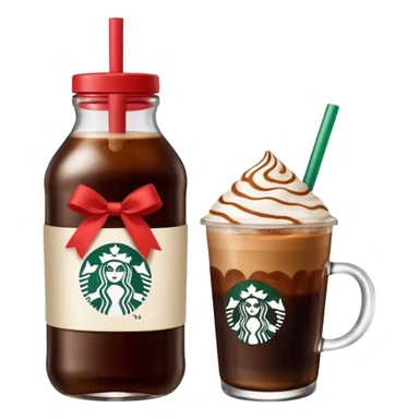 Starbucks iced espresso with milk and the cup has red ribbons printed on it. There is a bottle of cinnamon dolce syrup next to it  sticker