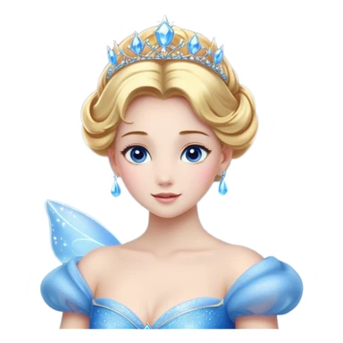 Cinematic Stunning Cinderella Portrait Emoji, Radiant in her sparkling blue ball gown, golden hair in a perfect updo, soft blue eyes full of wonder, glistening tiara, glowing with an ethereal beauty, regal yet kind, a dreamlike aura surrounds her, capturing the essence of a fairy tale princess, elegant and breathtaking! sticker