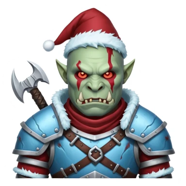 Fantasy Christmas orc legion soldier icon, iron tundra army theme, heavy winter armor, disciplined brutal look, cold steel armor cracked with frozen crimson lines, bloodfrost effect, icy blue and dark red color palette, minimal clean emoji style sticker