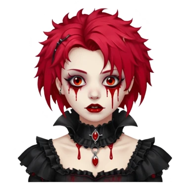 Shiny beautiful cute cool gorgeous attractive gothic vampiric lady with bloody hair, bloody lips, bloody face, blood-choker, spiked collar, frills, black dress, red rubies, messy tousled hair  sticker