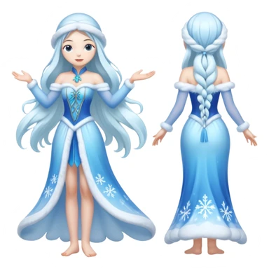 An ice Snow Maiden character with two arms and two legs, full body, front view, back view, side view, three-quarter view, consistent character design, translucent ice material, winter fairy tale style. sticker