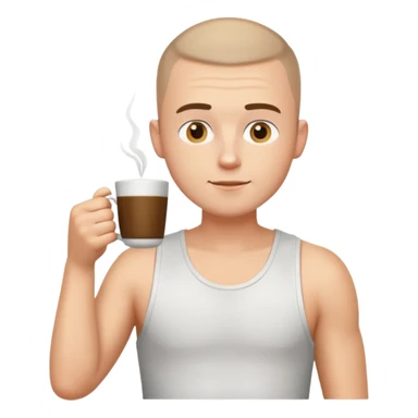 a white short guy wearing a white tank top with a buzz cut drinking a cup of coffee sticker