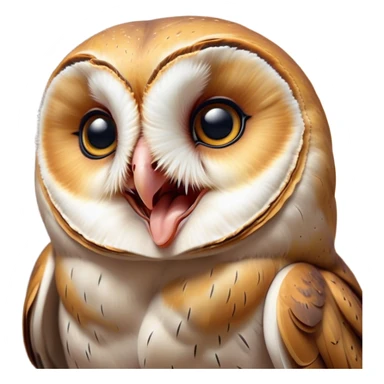 Cinematic Cute Yawning Barn Owl Portrait Emoji, Head tilted slightly with a dramatic, wide-open yawn, showcasing a soft, mottled plumage with subtle brown accents and gently drooping feathers, round amber eyes barely open in drowsy contentment, Simplified yet irresistibly adorable features, highly detailed, glowing with a soft, cozy glow, high shine, relaxed yet expressive, stylized with a touch of nocturnal whimsy, bright and endearing, soft glowing outline, capturing the essence of a sleepy yet affectionate owl, so drowsy it feels like it could glide out of the screen and curl up for a nap! sticker