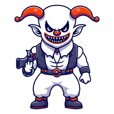full-body muscular demonic clown, battle-ready, black and white leisure suit with bellbottom pants, bald, black ram horns, flashy black and white belt, ruffled white shirt, no neck tie, large fangs, holding very large futuristic rifle sticker
