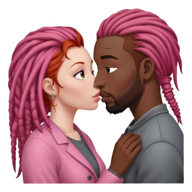 Mulher ruiva, pele branca, roupinha rosa, beijando um homem negro, com dreads nos cabelos e roupa cinza sticker