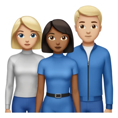 3 Friends standing side by side, charlie's angels style: 1 black woman with a short flat pressed bob, 1 hispanic man with a thin nose and long hair, and 1 white guy with blue eyes and a short brown-blonde haircut sticker