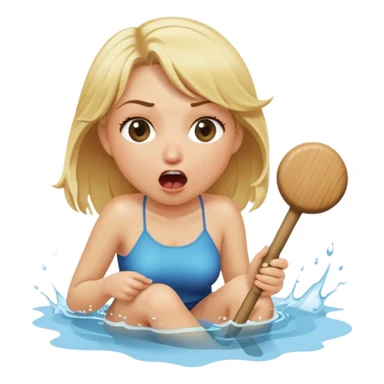 blond woman sitting on her knees, biting a wide stick with a D-shaped knob, both the same color as her skin, the knob has visible skin texture, water jet shooting from the flat side of the knob into her mouth, surprised look sticker