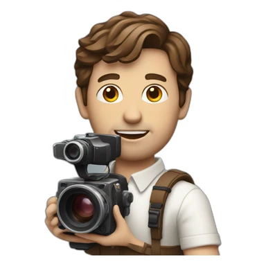 European film director with brown hair holding a cinema camera sticker