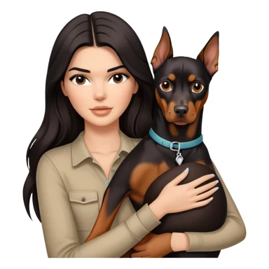 Kendall Jenner with long dark hair holds a Doberman Pinscher in her arms sticker