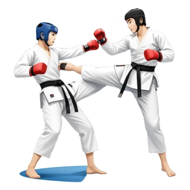 Two taekwondo fighters in traditional white doboks with black belts compete in a dynamic match. One delivers a high kick, while the other blocks using their knee. The background features a professional arena with bright lights and spectators. Transparent background. sticker