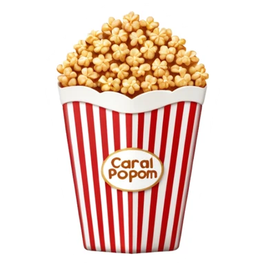minimalist caramel popcorn in a red and white vertically striped package, golden brown caramel-covered popcorn, no text on package, only red and white stripes, glossy iOS emoji style sticker