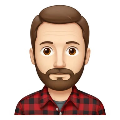 Thin man in his 50s with light complexion. Narrow face with pronounced cheekbones. Unkempt brown hair sticking up in places. Scruffy, uneven brown beard. Wearing a red and black checkered flannel shirt that hangs loosely on his lean body. sticker