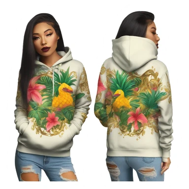 Trendy lady tropical multicoloured baroque hoodie with tattoos and gold chain sticker