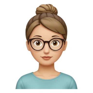 femme de 38 ans avec des cheveux blond foncé sans mèche devant, un chignon haut, yeux bruns, lunettes rondes, visage ovale sticker