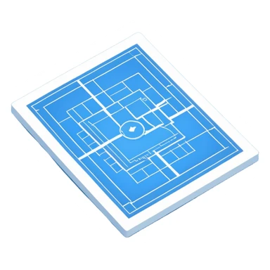 blue blueprint plan with white lines and shaded objects, isometric angle sticker