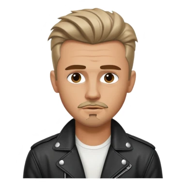 guy with slick James dean hair with front tendrils, mustache and goatee facial hair, wearing a white shirt and a black leather jacket , several silver piercings in ear sticker