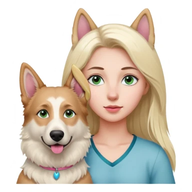White European young woman with blue-green eyes and long blond hair with her white German Shepherd dog,the Dog hast a pink nose and short fur  and Brown eyes sticker