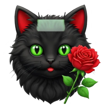 Cute emoji-style black cat holding a red rose in its mouth, big round eyes with light green sclera and black pupils, fluffy fur, clean mascot style, centered, soft beige background, 1:1 ratio. sticker