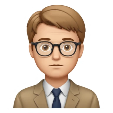 white male reporter with light brown hair, wearing glasses, looking at photographs, thoughtful expression sticker