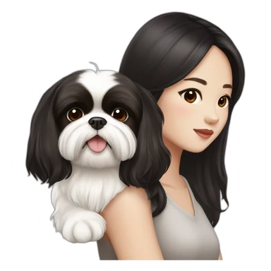 long black hair korean girl with white and brown shih tzu sticker